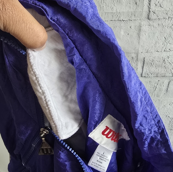 Vintage 90s Wilson Retro Blue Funky Print Windbreaker Full Zip Jacket Large - Picture 9 of 15